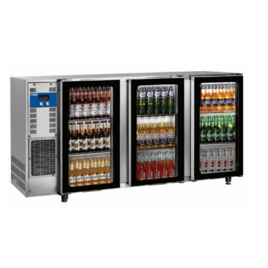 Réfrigérateur de bar en acier inoxydable avec 3 portes vitrées | 579 litres | 206,5 x 56,5 x (H) 90,5 cm