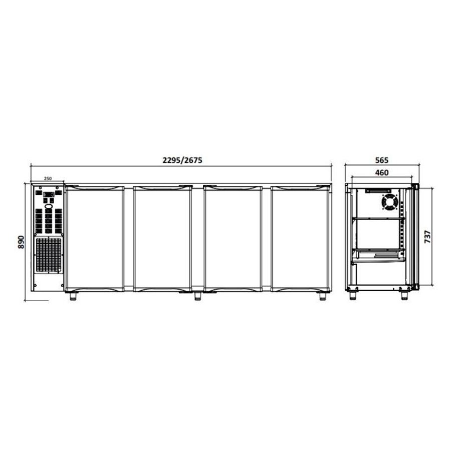 Stainless Steel Bar Fridge with 4 Doors | 783 Liter | 267.5x56.5x (H) 90.5cm