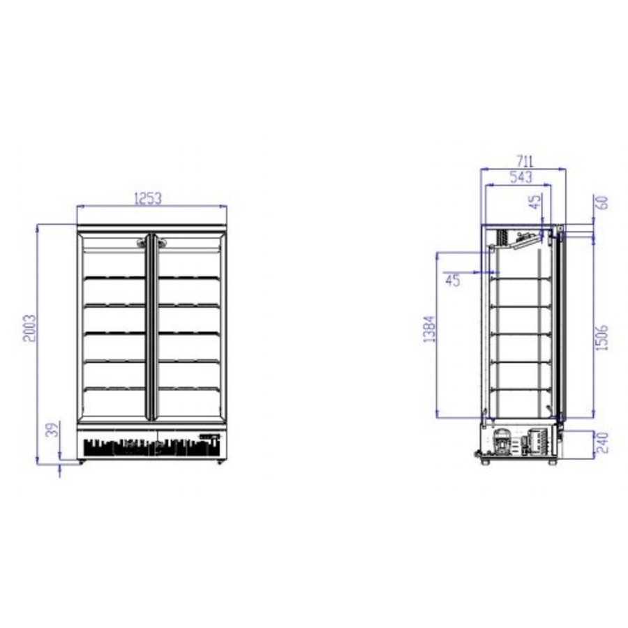 Koelkast 2 Glasdeuren | RVS | 1000 L | Zwart binnen + Buiten