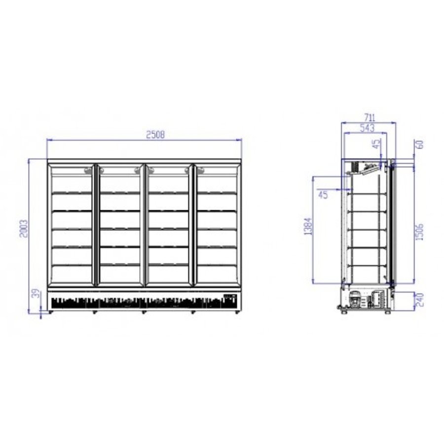 Réfrigérateur 4 portes vitrées | 2025 Litres | acier inoxydable | Intérieur + extérieur noirs