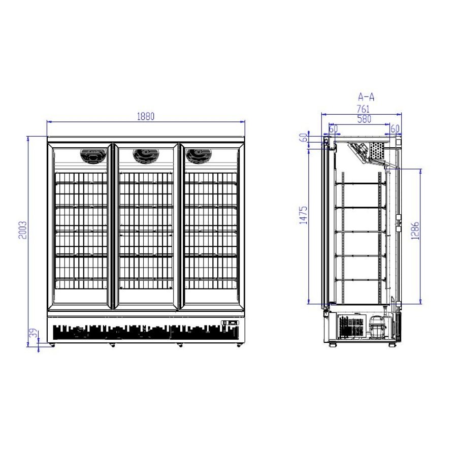 Congélateur 3 portes vitrées | 1450 litres | acier inoxydable | Intérieur et extérieur noirs