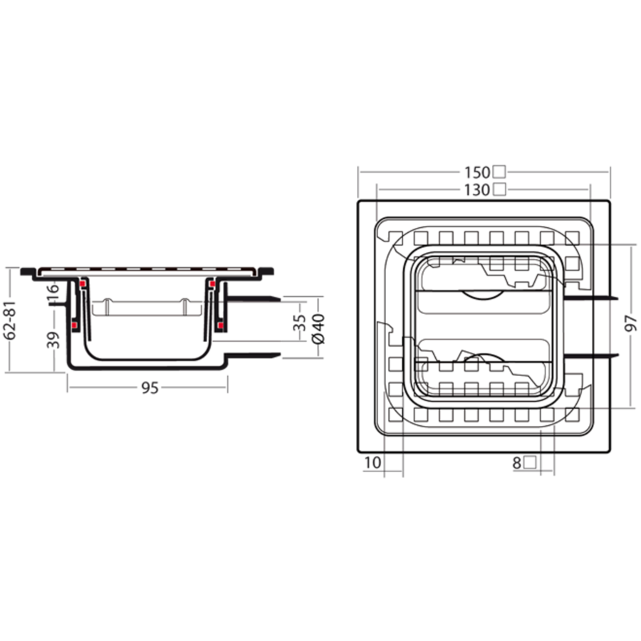 Fosse de drainage | Boîtier de puits en ABS | Grille en acier inoxydable | 150 x 150 mm | Incl. Connexion
