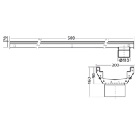 RVS | gootdeel | afm. 500 x 200 mm |  incl. uitlaat | Ø 110 mm