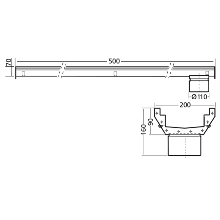 acier inoxydable | partie de gouttière | faible. 500 x 200 mm | incl. échappement | Ø 110 mm