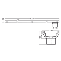 Stainless steel gutter part | dim. 1000 x 200 mm | without exhaust