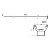 Stainless steel | gutter section | dim. 1000 x 200 mm | with outlet