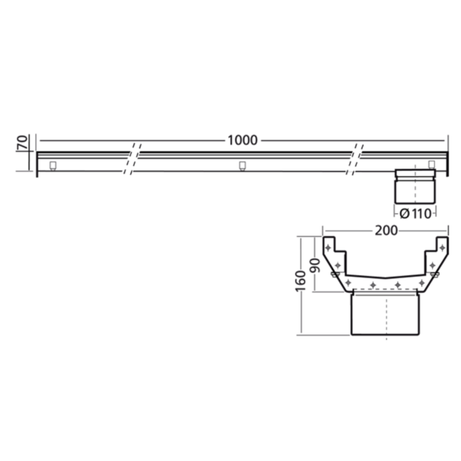 RVS | gootdeel | afm. 1000 x 200 mm | zonder uitlaat