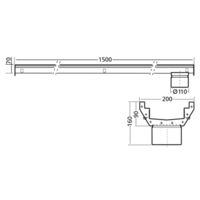 RVS | gootdeel | afm. 1500 x 200 mm |  incl. uitlaat |  Ø 110 mm