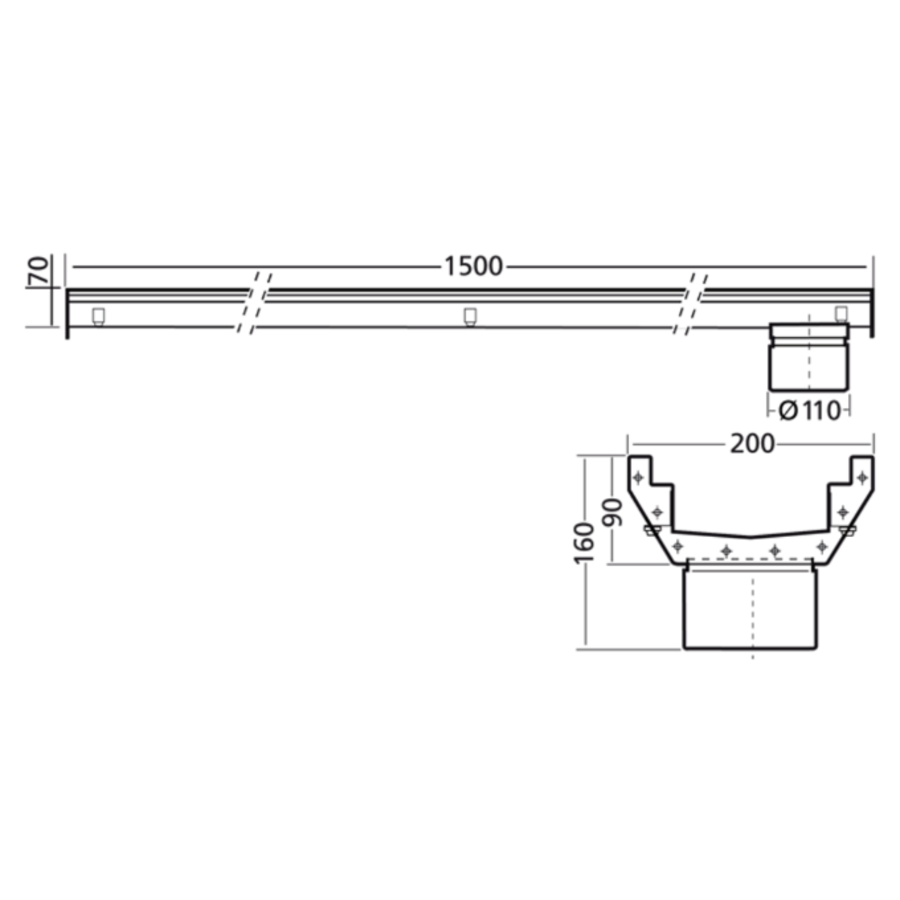 RVS | gootdeel | afm. 1500 x 200 mm |  incl. uitlaat |  Ø 110 mm