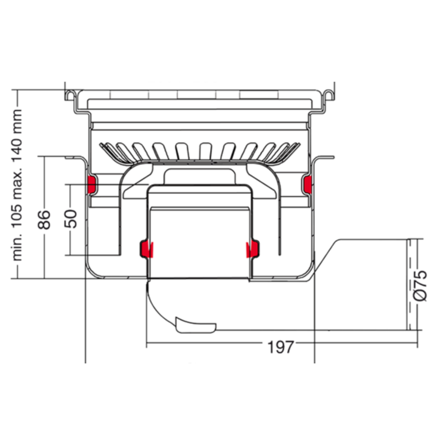 Afvoerput | RVS | 75l/min | 200 x 200 mm