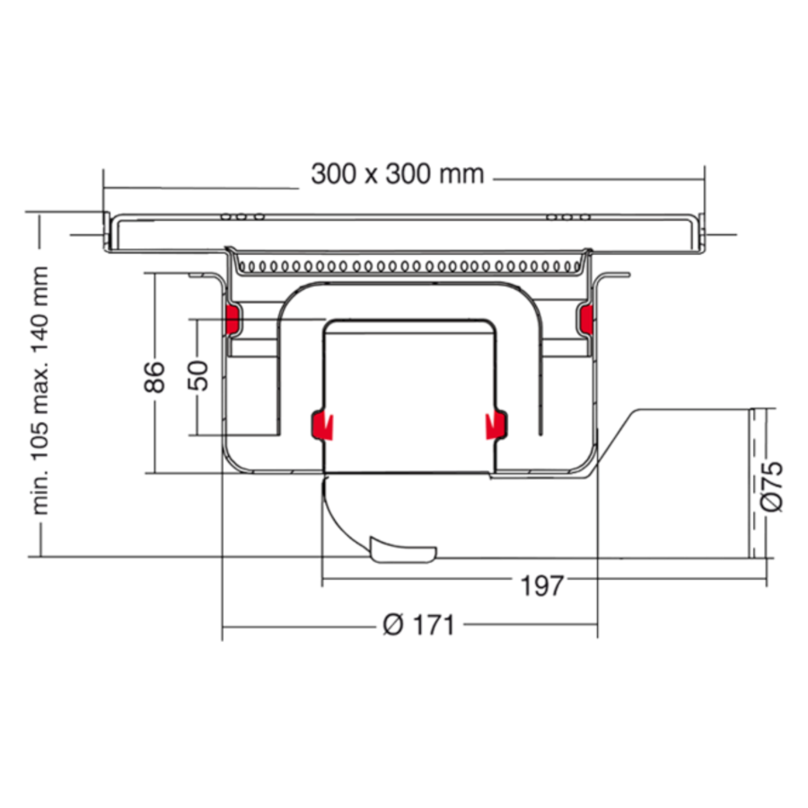 Afvoerput | RVS | 75l/min | 300 x 300 mm