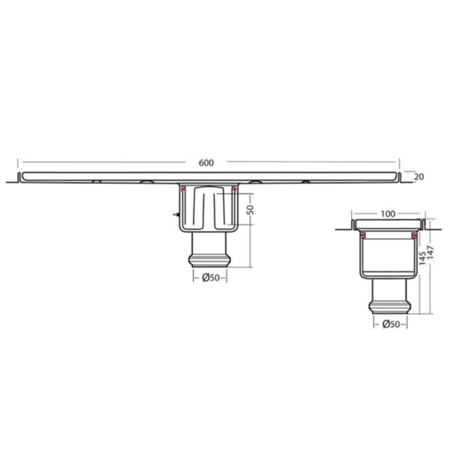 Afvoerput | 600 mm | onder | Gesloten design