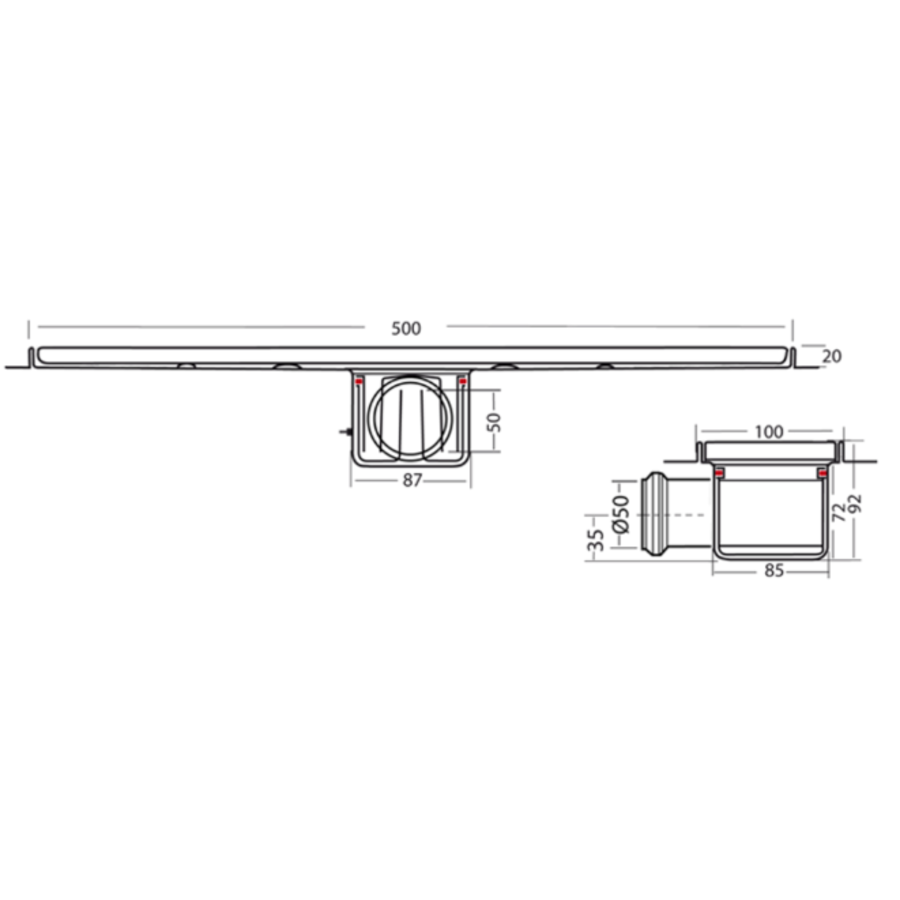 Drainage gutter | Stainless steel 30l / min | 500 x 100 mm