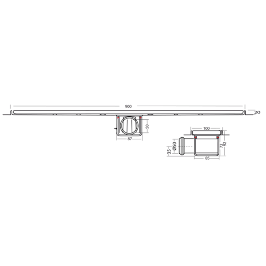 Drainage gutter | Stainless steel 30l / min | 900 x 100 mm