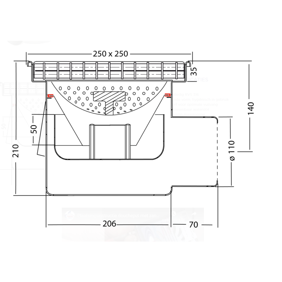 Afvoerput | Industrieel | RVS | 250 x 250 mm