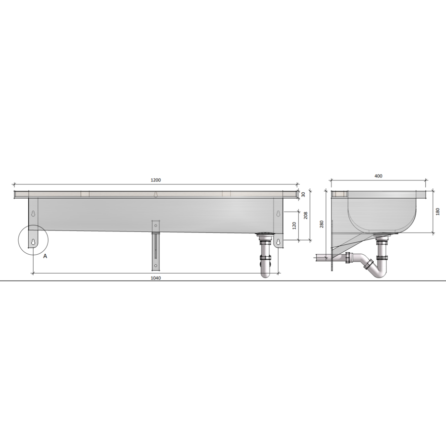 Bac à laver Lavabo en acier inoxydable AISI 304 L 120 x P 40 x H 24 cm