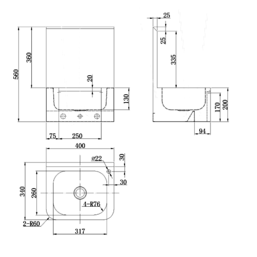 Washbasin For Wall Mounting | Stainless steel AISI 304 | 400 x 340 x 555mm