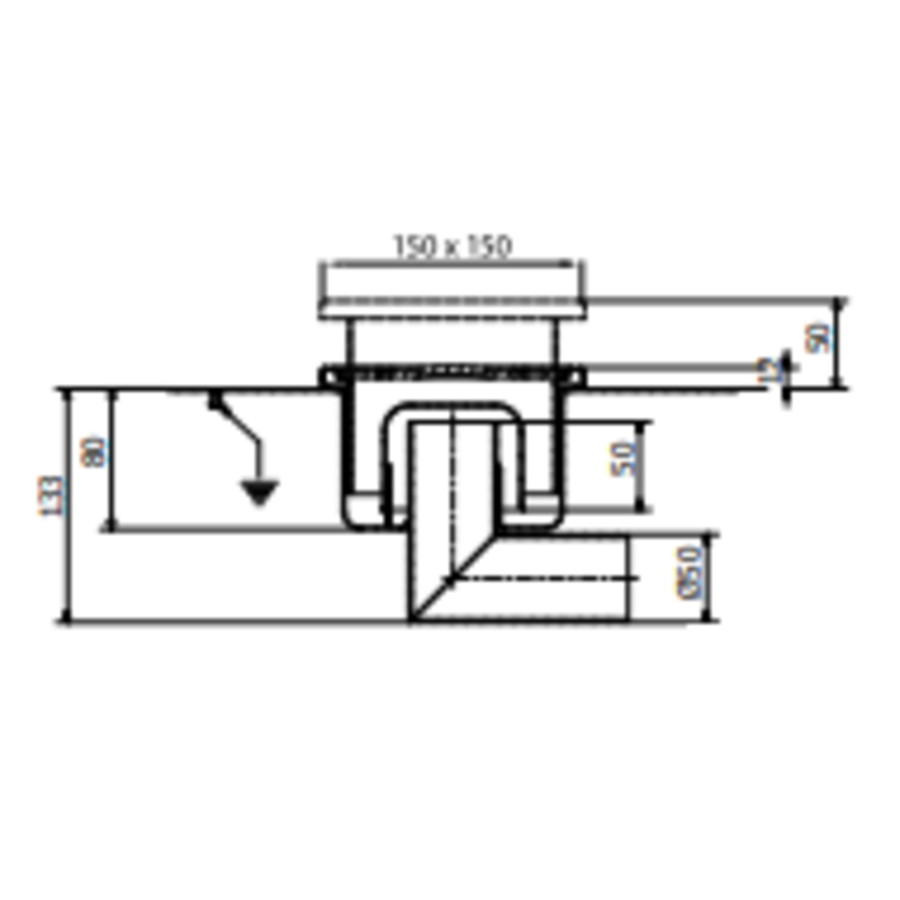 RVS Vloerafvoerput | 150x150 mm | Zijdelingse Afvoer 50 mm