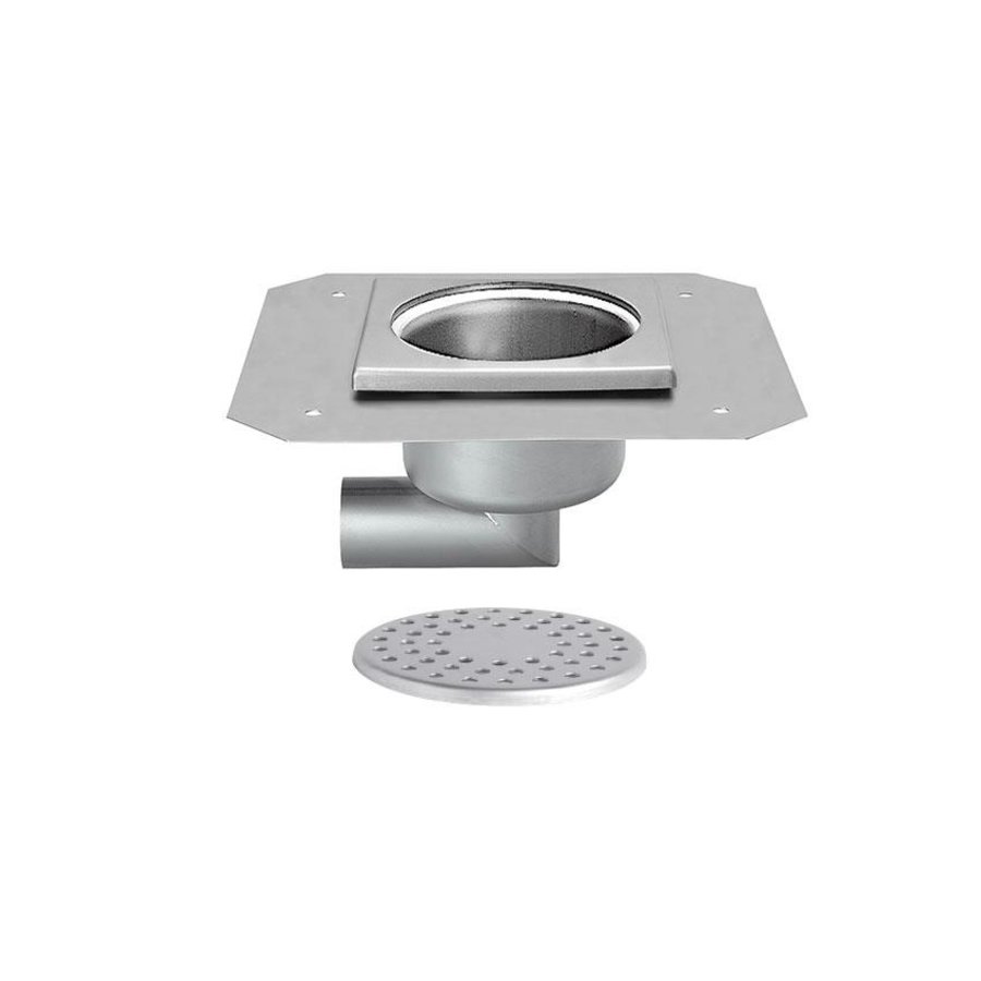 Siphon de sol en acier inoxydable | 200x200 mm | Drain latéral 63 mm