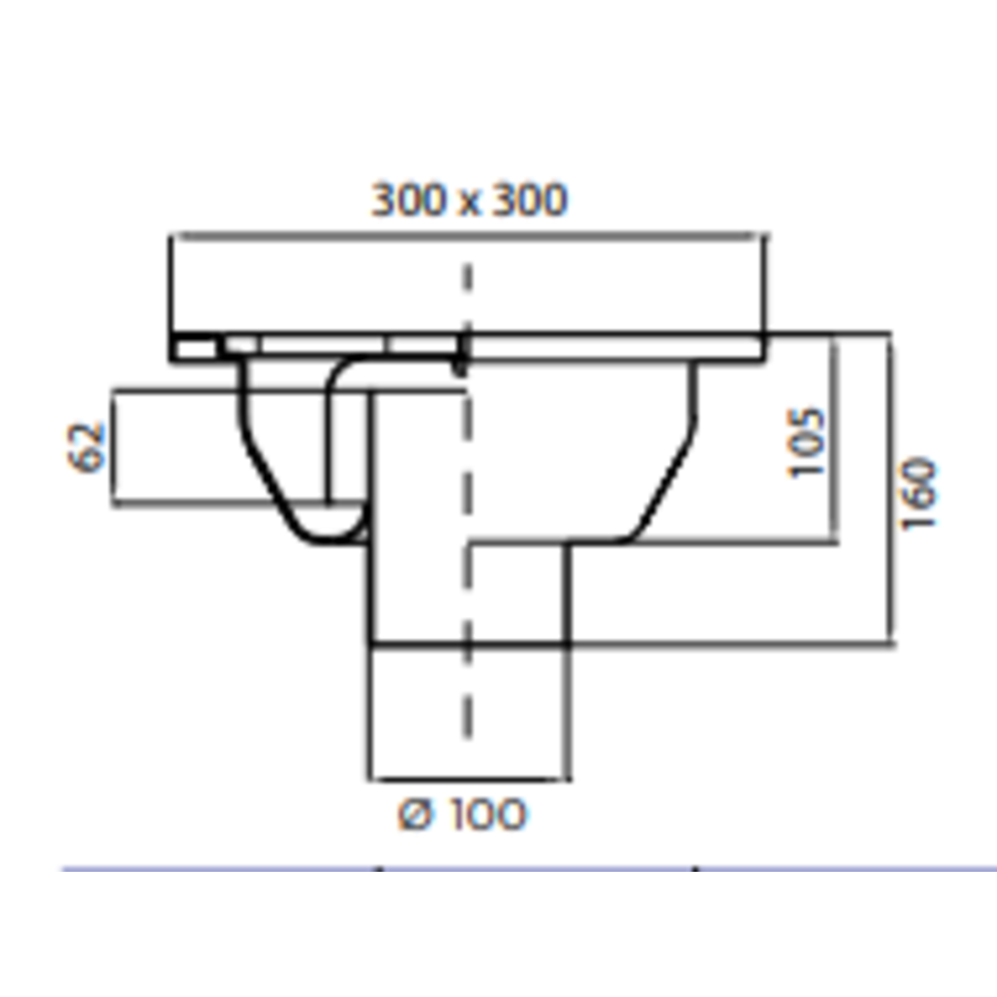 Siphon de sol en acier inoxydable | 300x300 mm | Drain vertical 100 mm
