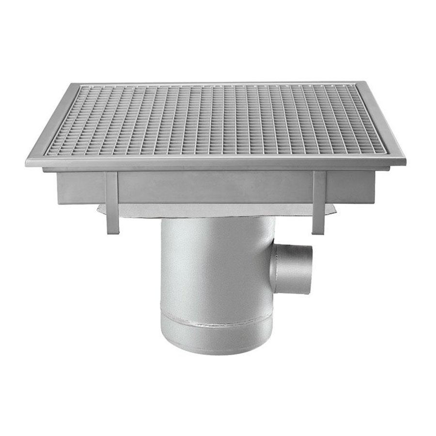 Siphon de sol en acier inoxydable | 600x600 mm | Drain latéral 100 mm