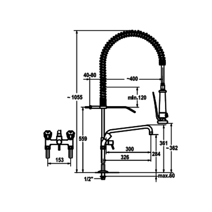 Douche de pré-rinçage avec robinet intermédiaire | Double trou | Élevé | Modèle de table