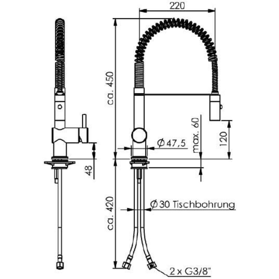 Voorspoeldouche met lage bouwhoogte | RVS | (h) 45cm