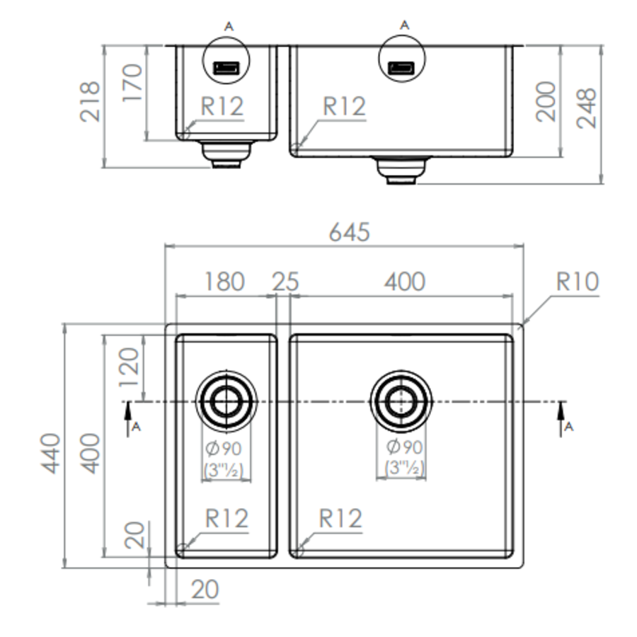 sink glossy stainless steel 400x580x200