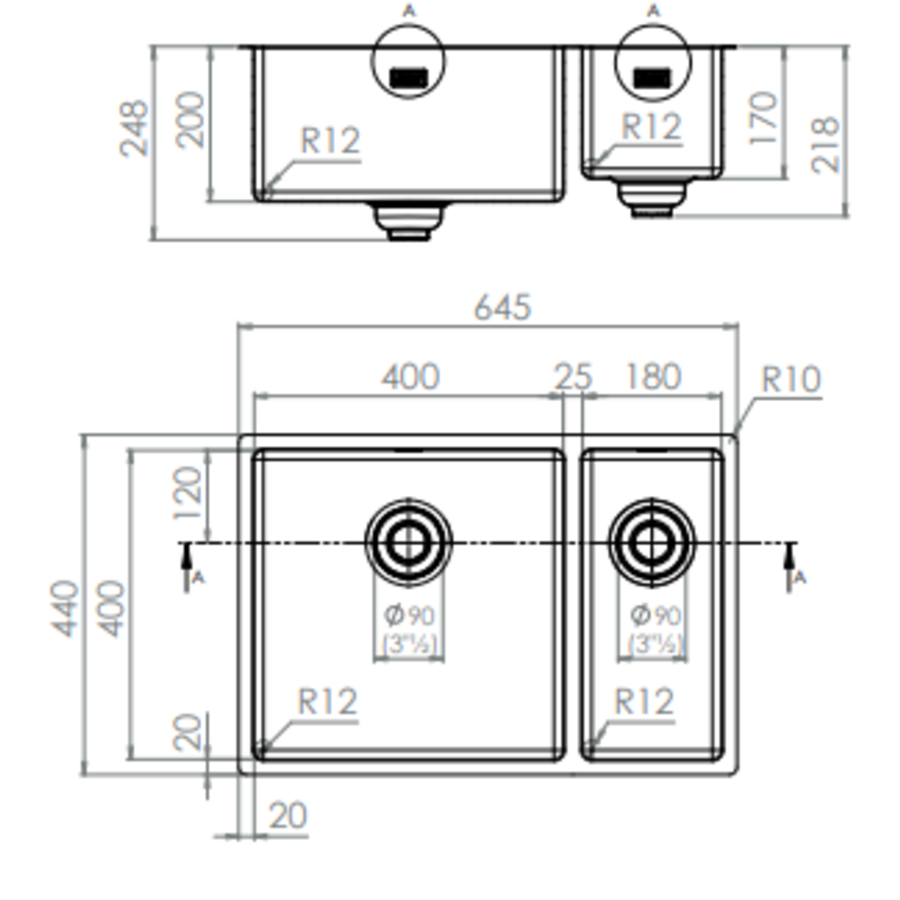 Sink glossy stainless steel 40x58x20 CM