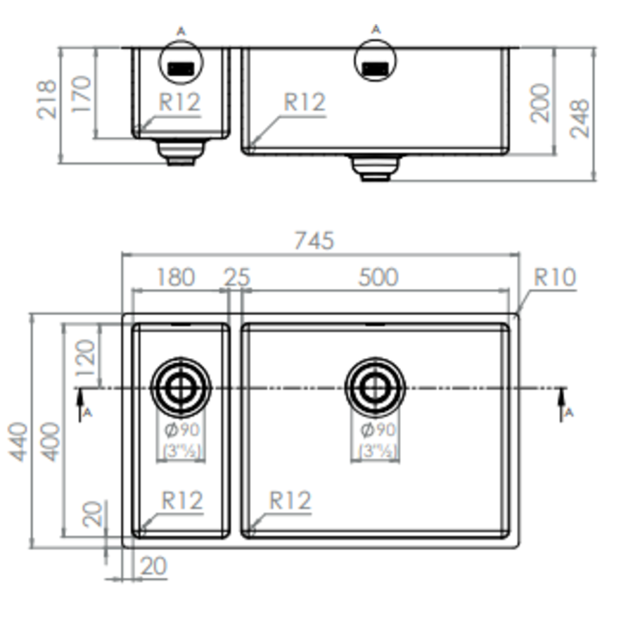 Spoelbak glanzend RVS 40x68x20 CM