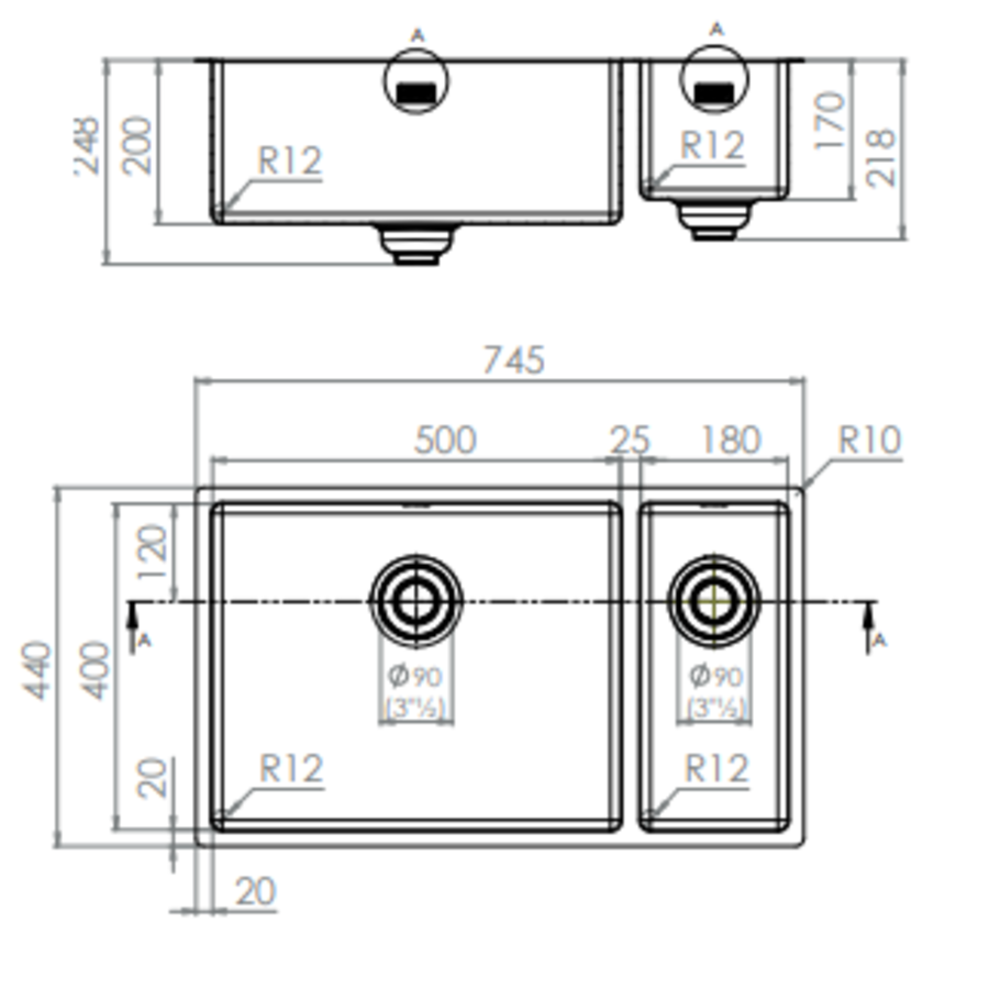 Stainless steel sink 40x68x20 CM