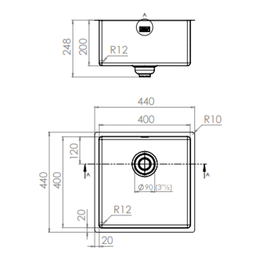 Silver stainless steel sink | 38 x 44 x 20 cm |