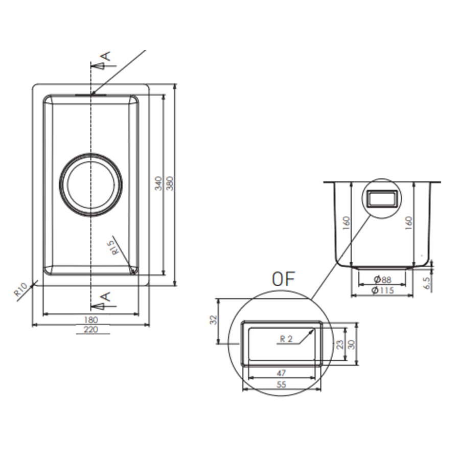 spoelbak RVS 18X34X15,5 CM