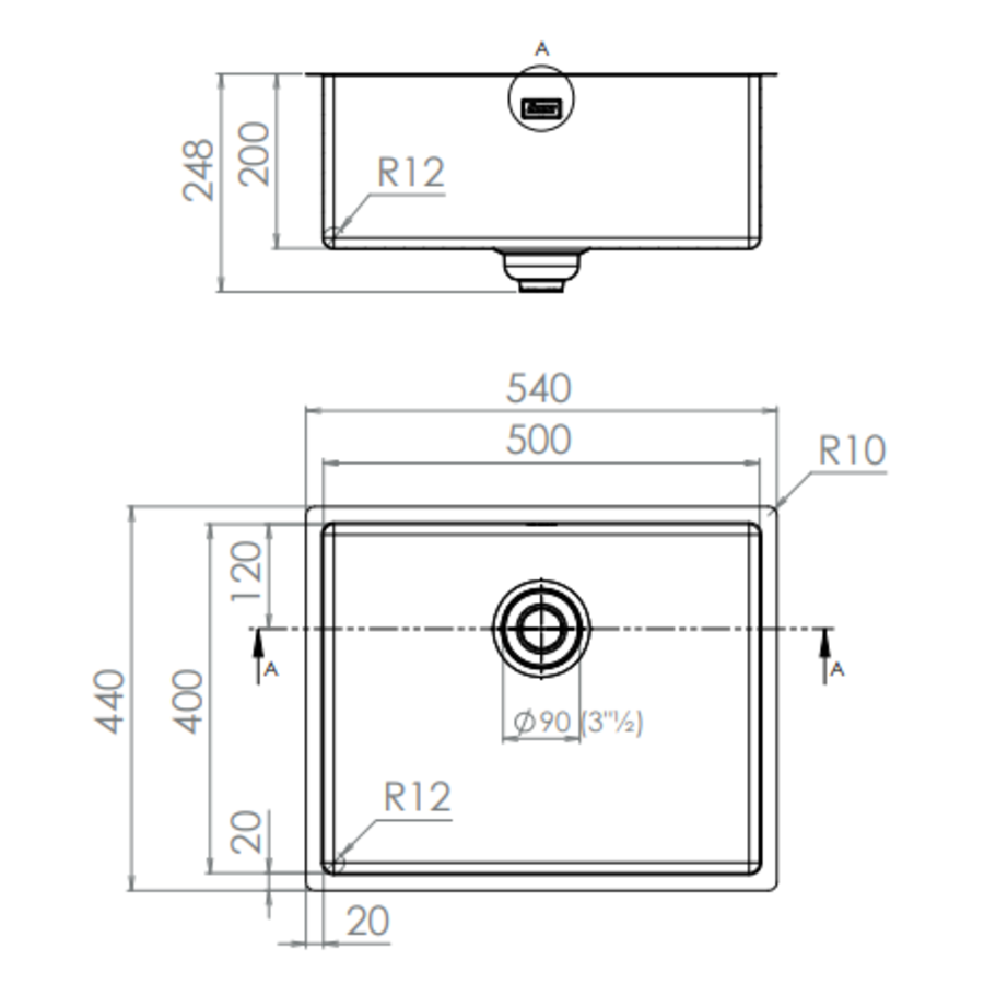 Sink stainless steel | 54 x 44 x 20 cm