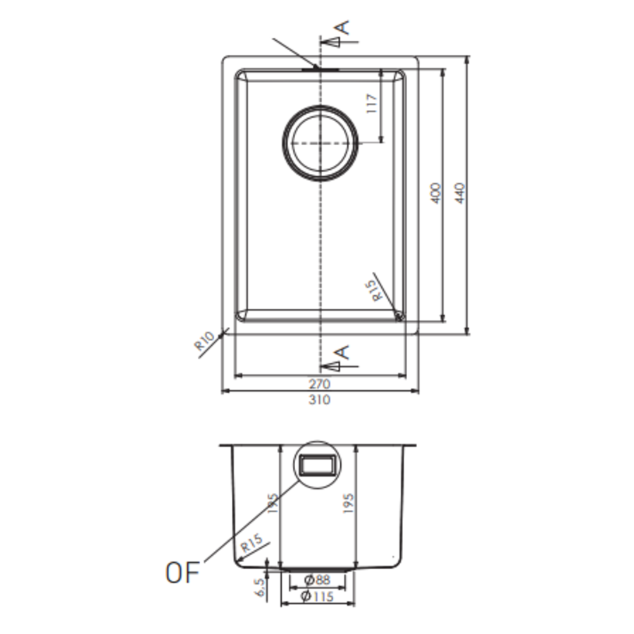 Sink stainless steel polished 27x40x19.5 CM