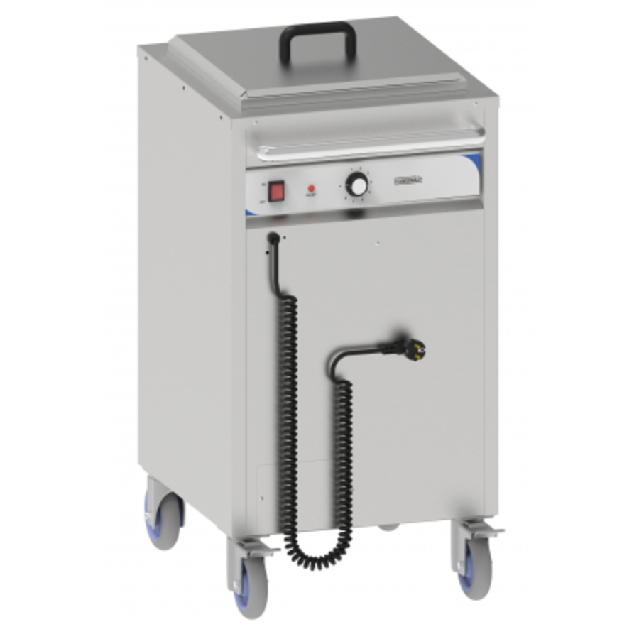 Chauffe-plat en acier inoxydable sur roulettes | 550x62x(h)95 cm Acier inoxydable Interrupteur marche/arrêt Diamètre du plateau de 190 à 350 mm Hauteur empilable environ 490 mm 4 roues, dont 2 freinées Couvercle inclus Thermostat réglable de 30°C à 110°C