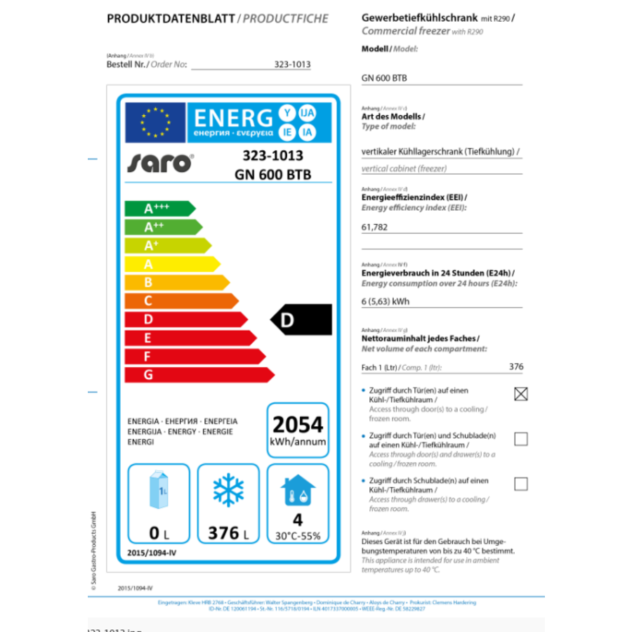 Freezer with fan | -20 to -10°C | 540 litres | 680 x 810 x 2000 mm