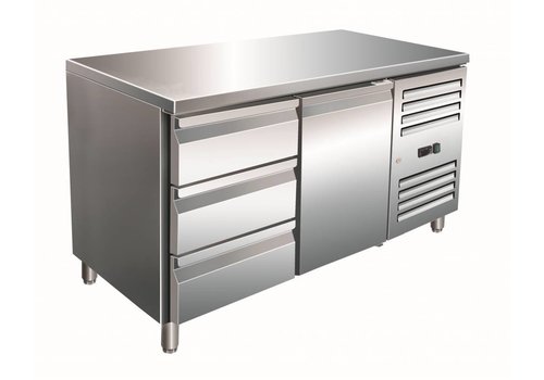  Saro Etabli réfrigéré en acier inoxydable 1 porte et 3 tiroirs | 136 x 70 x 89/95 cm 
