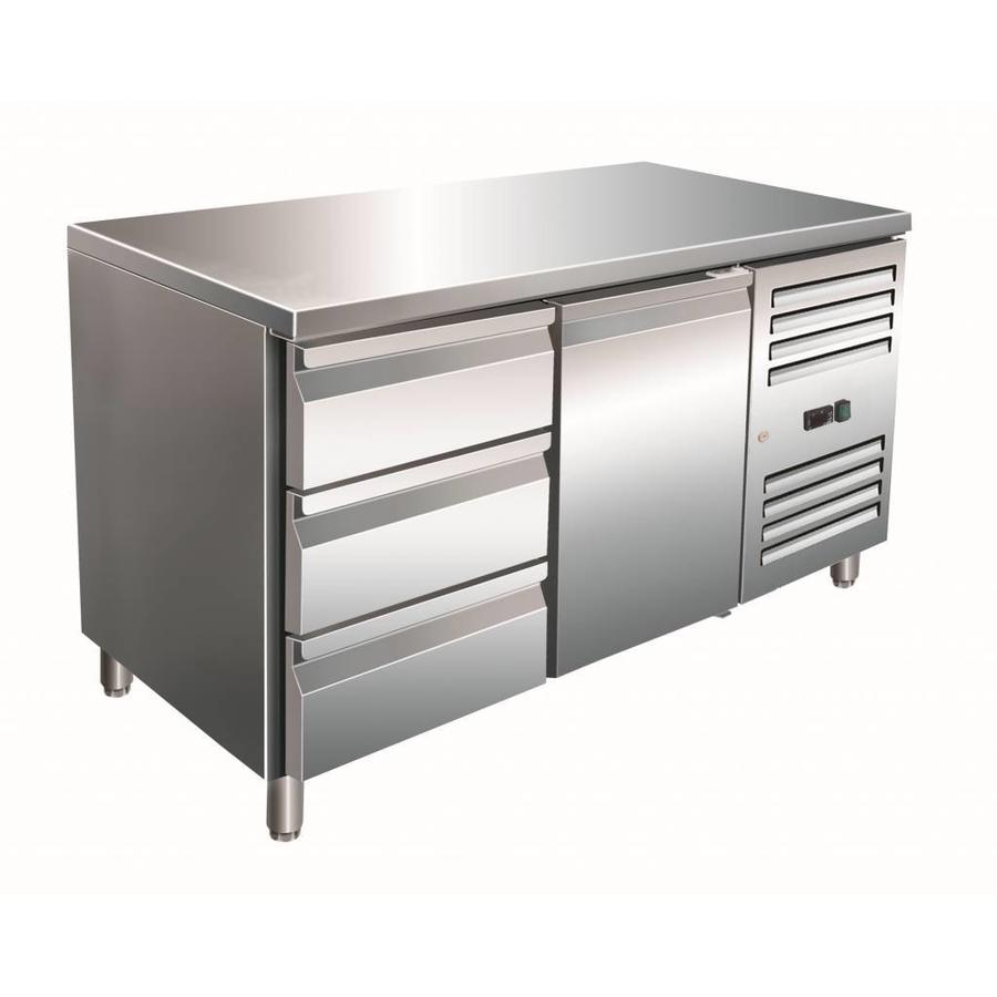 Etabli réfrigéré en acier inoxydable 1 porte et 3 tiroirs | 136 x 70 x 89/95 cm