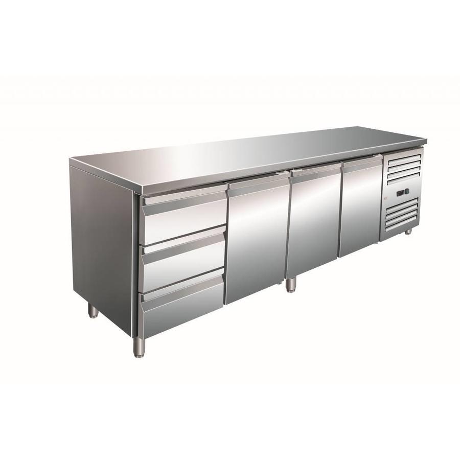 Refrigerated stainless steel workbench | 3 doors | 3 drawers | 223 x 70 x 89/95 cm