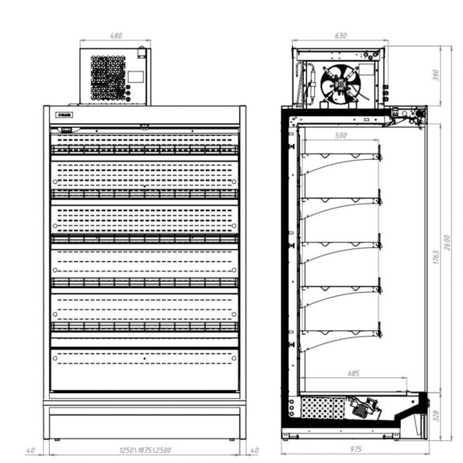 Refroidissement mural noir | 5 étages | Forcé | 2500x975x2210/2600(h)mm
