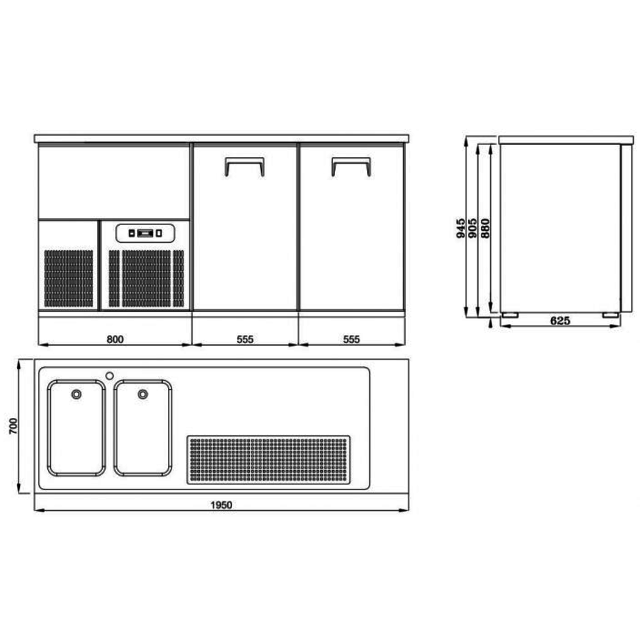 2 portes | Refroidisseur de fût de bière en acier inoxydable | 2 lavabos à gauche