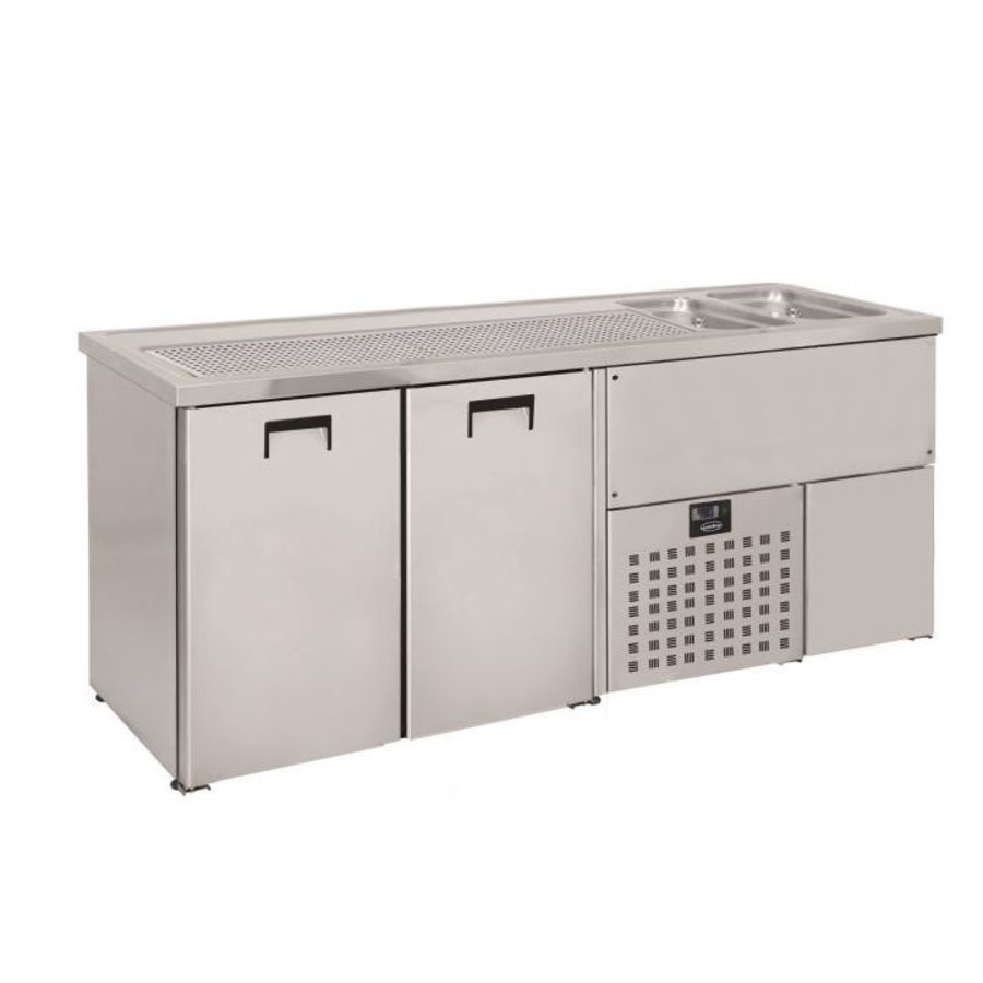 2 doors | Stainless steel beer keg cooler | 2 sinks on the right