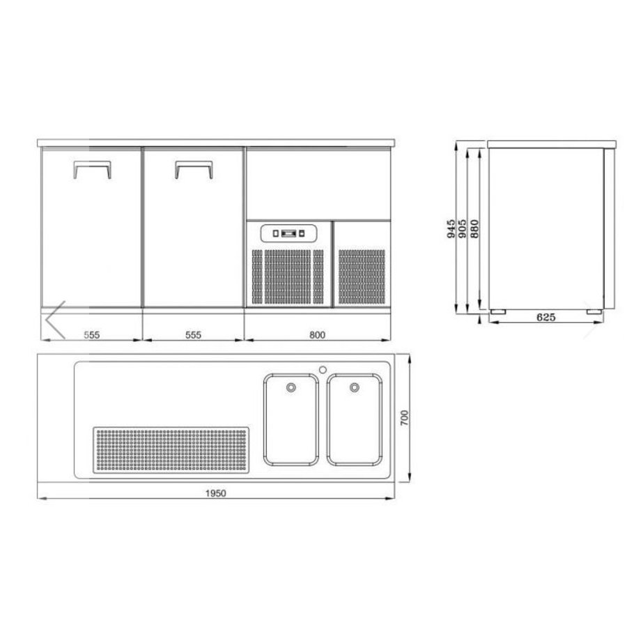 2 doors | Stainless steel beer keg cooler | 2 sinks on the right