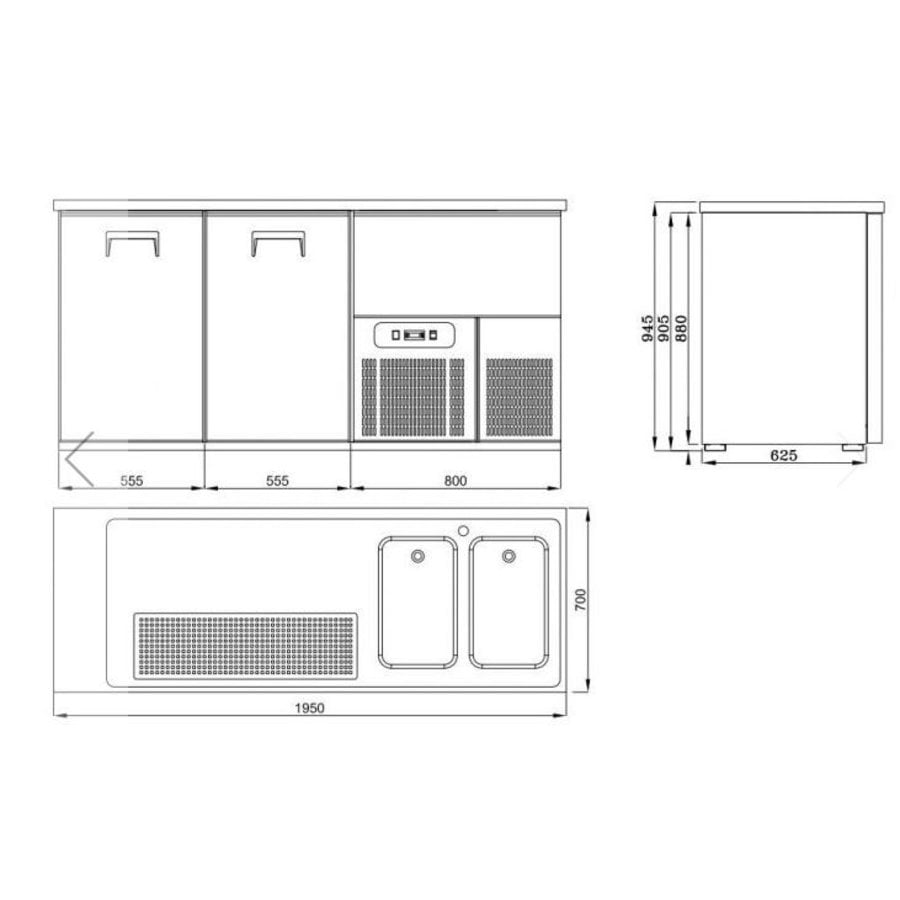 2 portes | Refroidisseur de fût de bière en acier inoxydable | 2 lavabos à droite