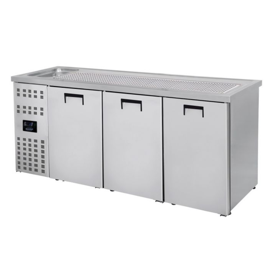 Combisteel 3 door stainless steel beer keg cooler with sink on the left