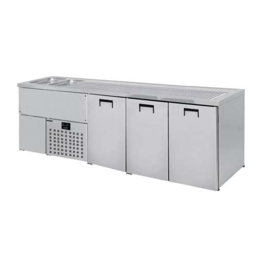  Combisteel Combisteel 3 door stainless steel beer keg cooler with two sinks on the left 