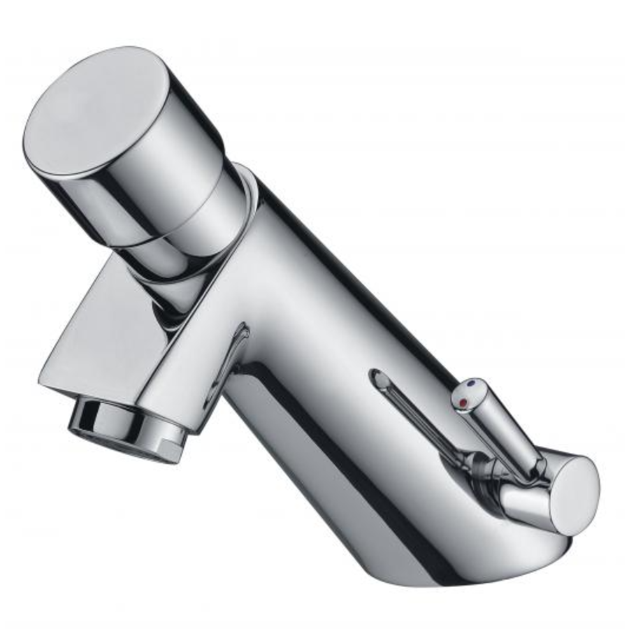 Self-closing stainless steel washbasin tap