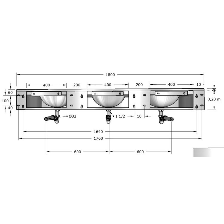 meervoudige wastafel | RVS | D 565 x H 200 mm