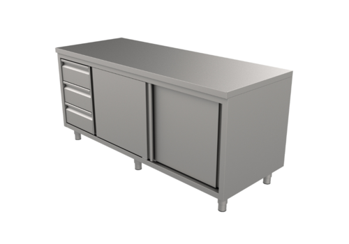  HorecaTraders Work table with 3 drawers and sliding doors| 8 formats | Drawers left 